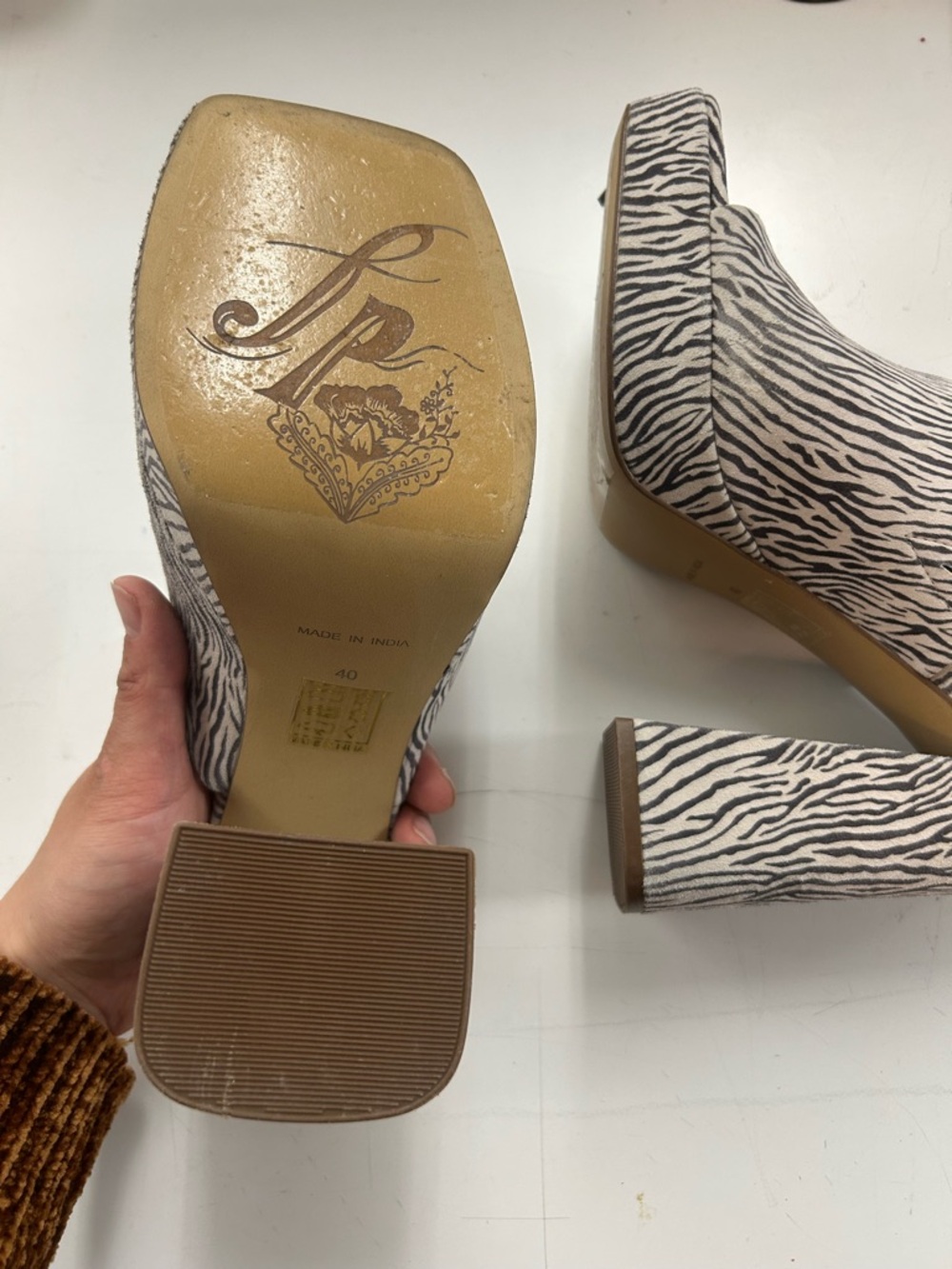 Free People Zebra-Print Open Toe Block Heel Mules in White and Black - Picture 3 of 11